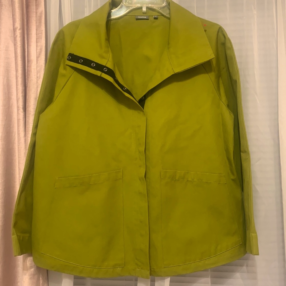 Amelline Womens Jacket Coat Green Buttons  large pockets Cotton trench material